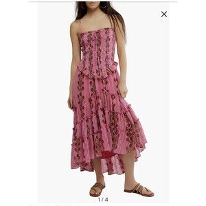 Free People Alejandra Smocked Bodice Tiered Midi Sundress Hot Pink Combo Large